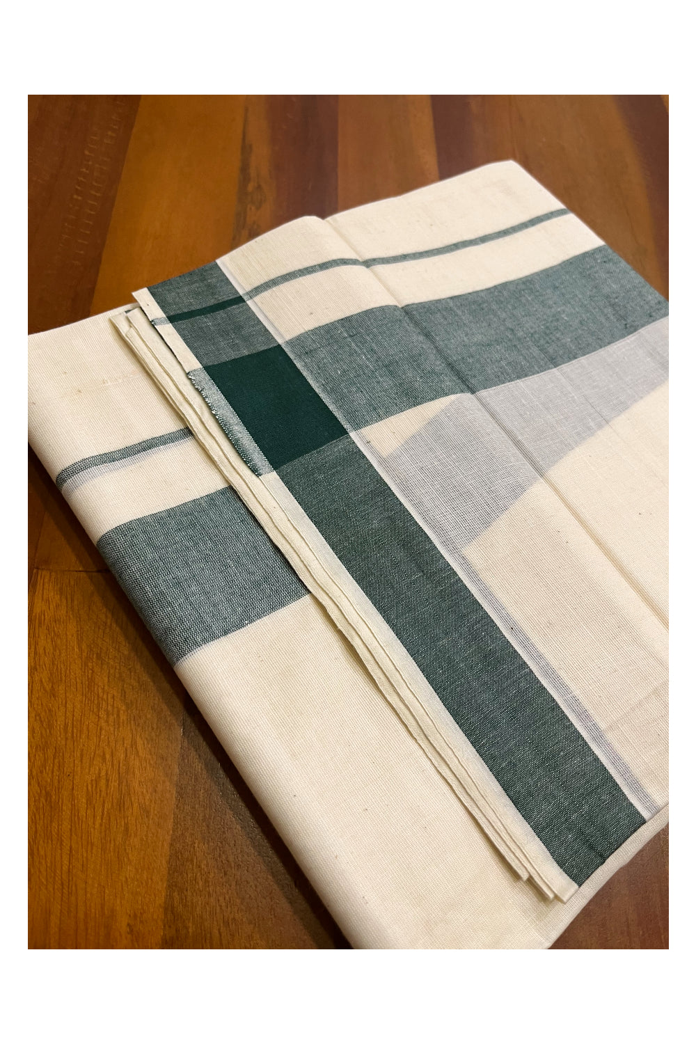 Kerala Pure Cotton Double Mundu with Dark Green Kara (South Indian Kerala Dhoti)