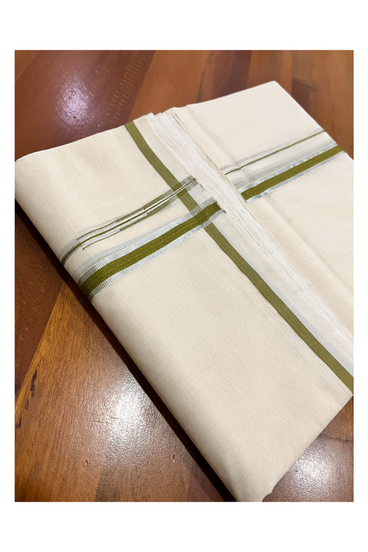 Southloom Premium Balaramapuram Unakkupaavu Handloom Mundu with Olive Green and Puliyilakkara Silver Kasavu Border (South Indian Kerala Dhoti)