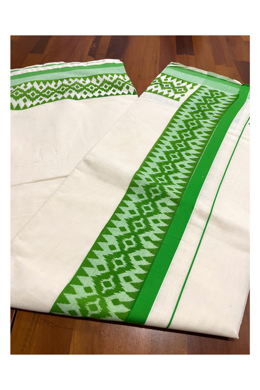 Kerala Cotton Saree with Light Green Block Printed Border