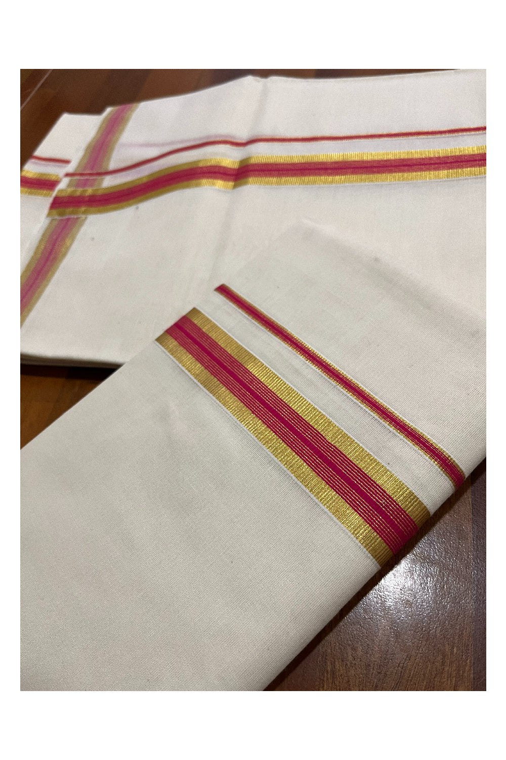 Pure Cotton Kerala Single Set Mundu (Mundum Neriyathum) with Bright Magenta Kasavu Border 2.80 Mtrs (Onam Set Mundu 2023)