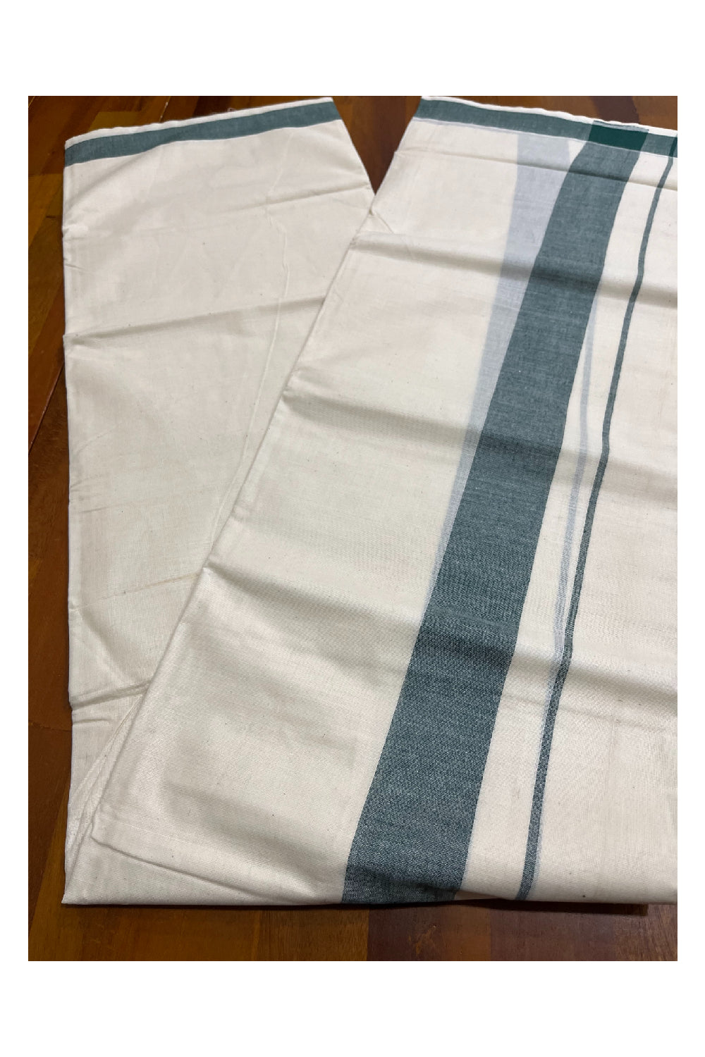 Kerala Pure Cotton Double Mundu with Dark Green Kara (South Indian Kerala Dhoti)