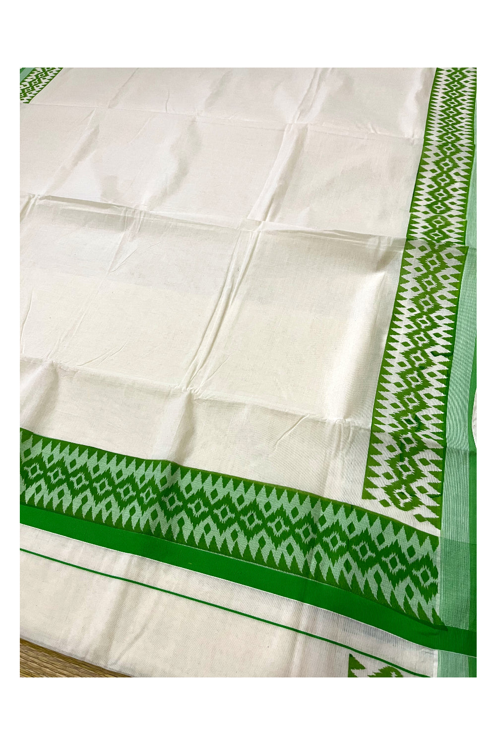 Kerala Cotton Saree with Light Green Block Printed Border