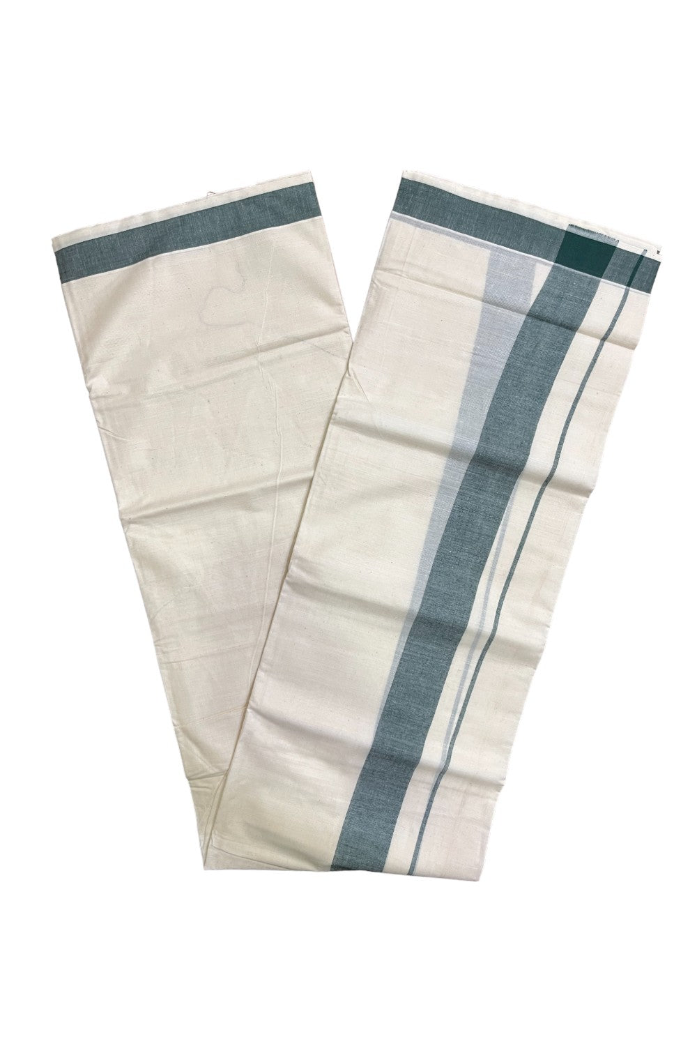 Kerala Pure Cotton Double Mundu with Dark Green Kara (South Indian Kerala Dhoti)