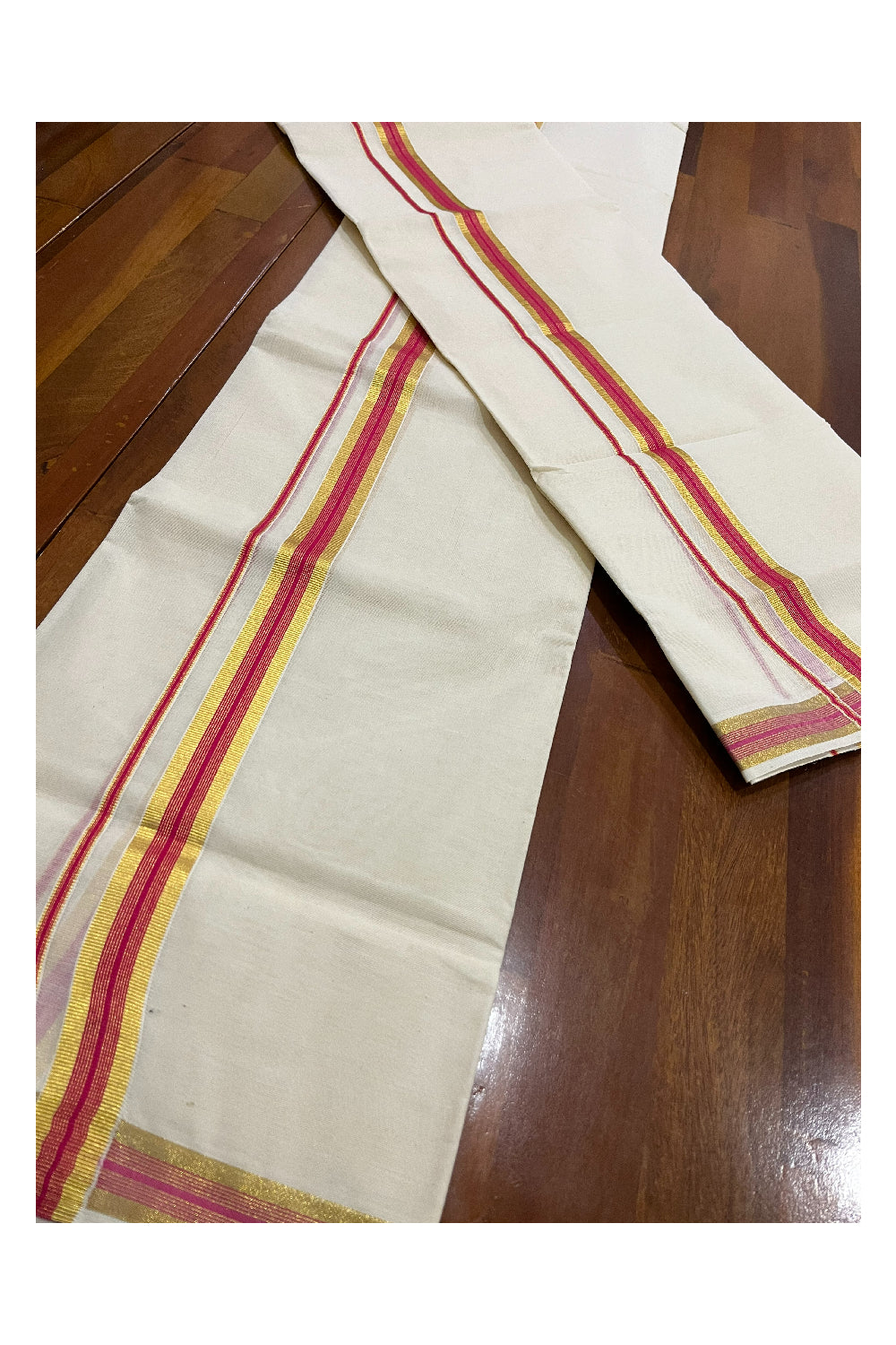 Pure Cotton Kerala Single Set Mundu (Mundum Neriyathum) with Bright Magenta Kasavu Border 2.80 Mtrs (Onam Set Mundu 2023)