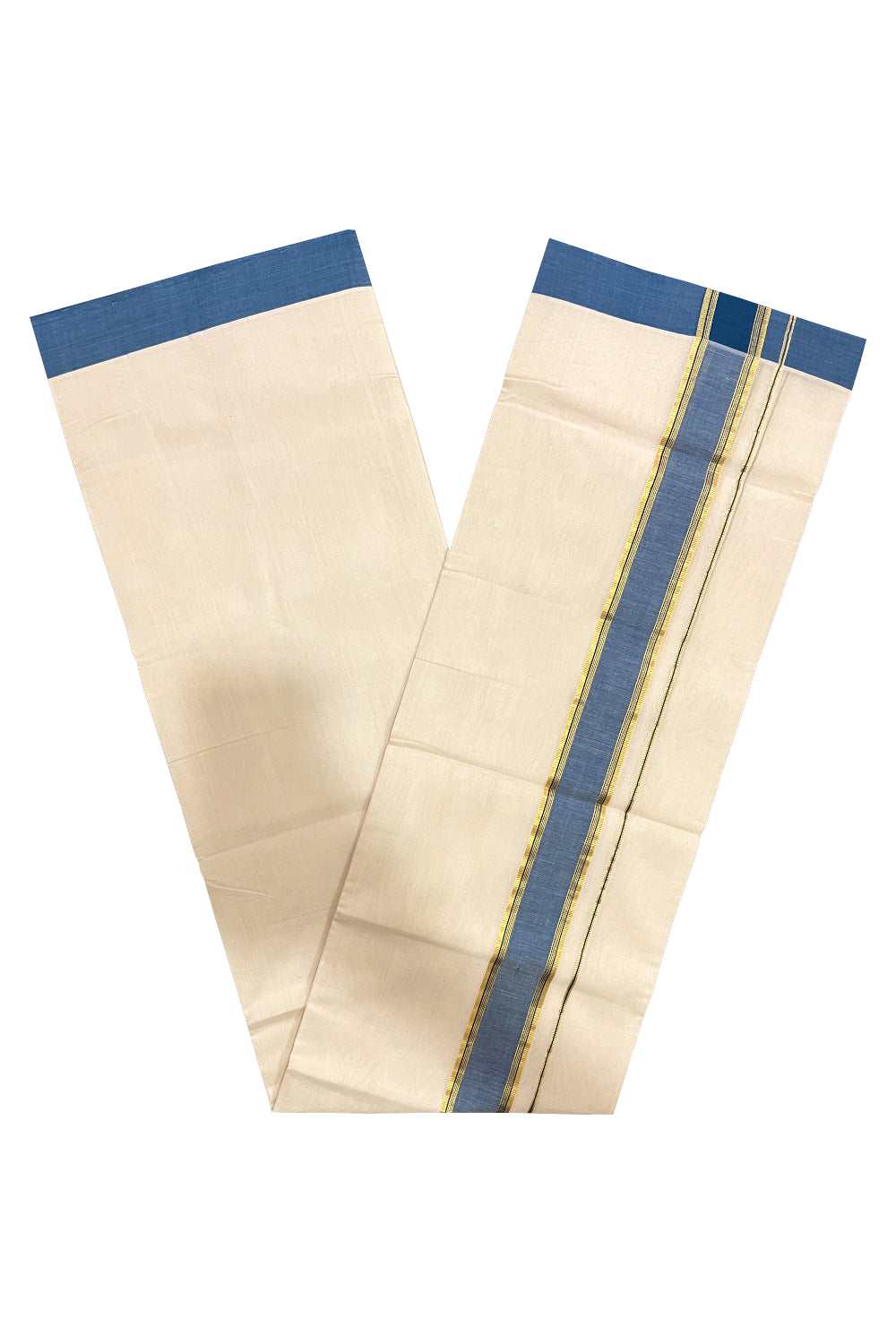 Southloom Premium Balaramapuram Unakkupaavu Handloom Mundu with Blue and Kasavu Border (South Indian Kerala Dhoti)