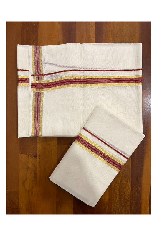 Pure Cotton Kerala Single Set Mundu (Mundum Neriyathum) with Maroon Kasavu Border 2.80 Mtrs (Onam Set Mundu 2023)