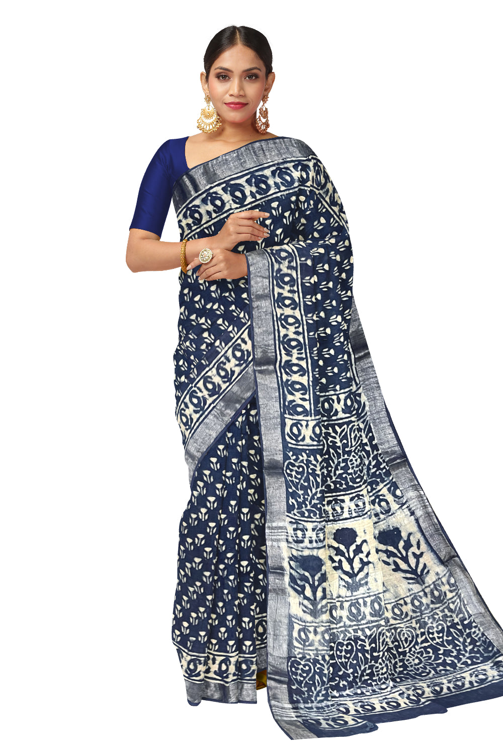 Southloom Designer Printed Blue Linen Saree