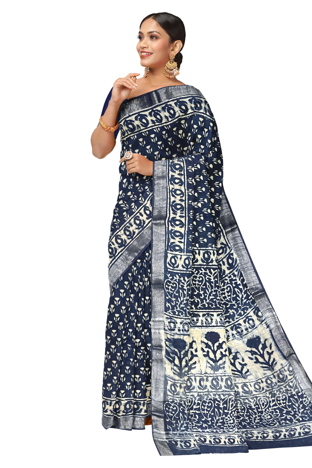 Southloom Designer Printed Blue Linen Saree