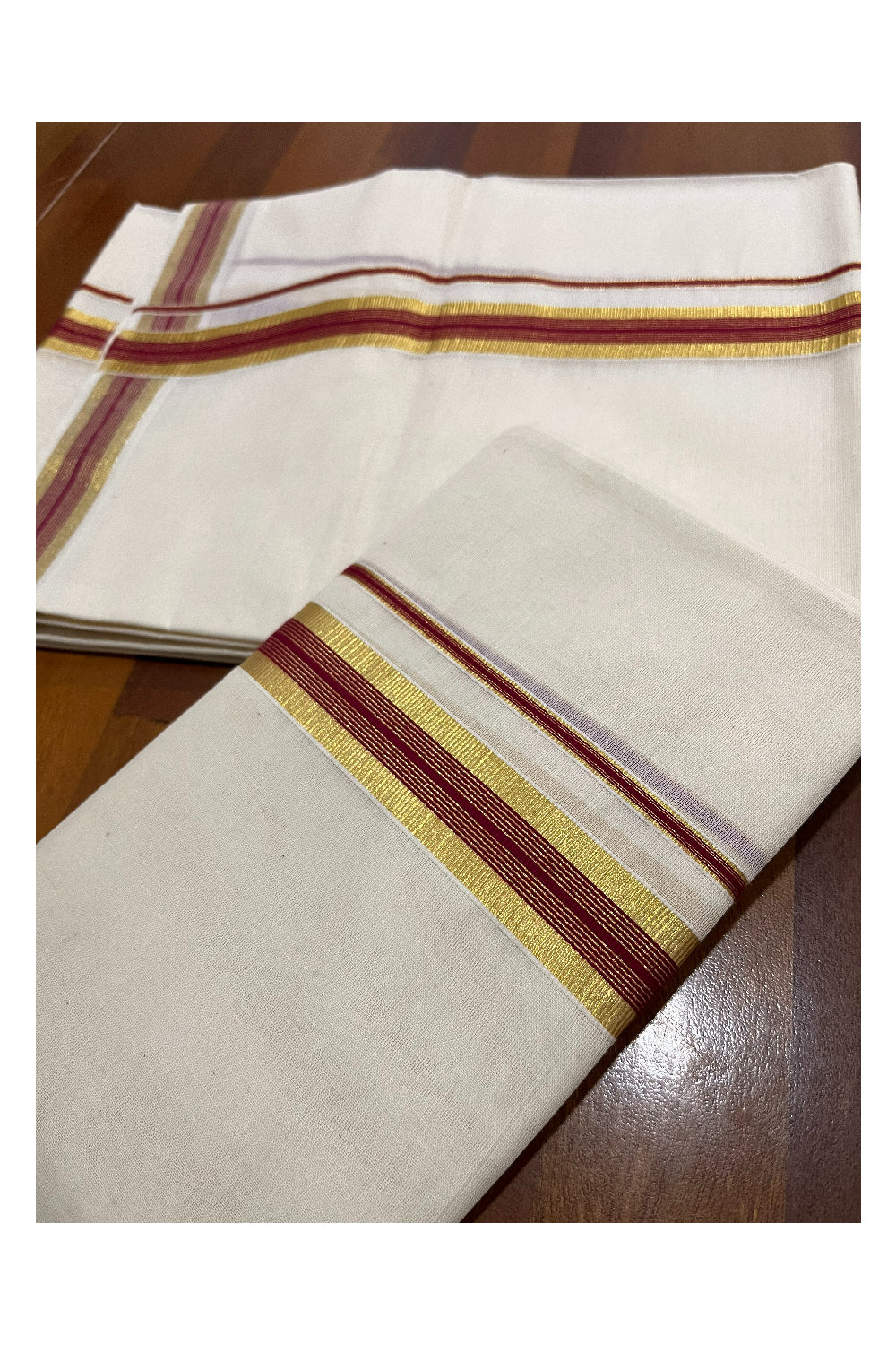 Pure Cotton Kerala Single Set Mundu (Mundum Neriyathum) with Maroon Kasavu Border 2.80 Mtrs (Onam Set Mundu 2023)