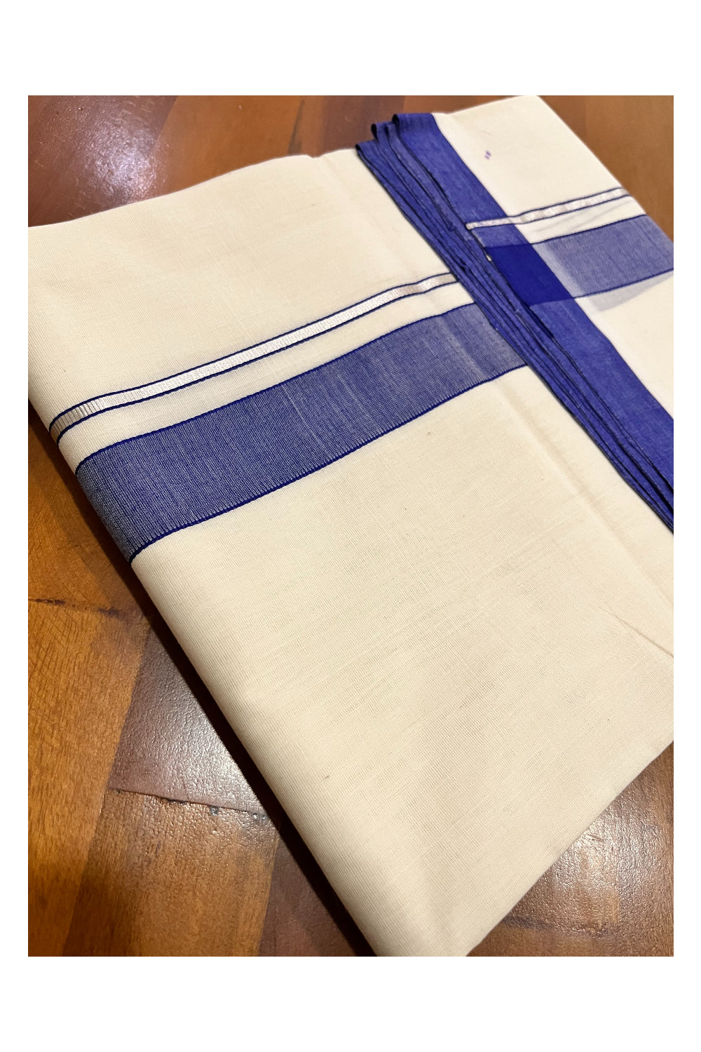 Southloom Premium Balaramapuram Unakkupaavu Handloom Mundu with Blue and Silver Kasavu Border (South Indian Kerala Dhoti)