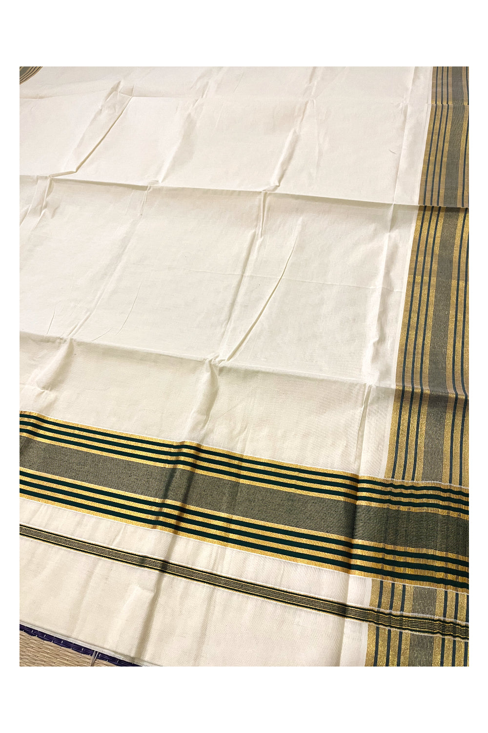 Kerala Pure Cotton Saree with Kasavu and Dark Green Border (Onam Saree 2023)