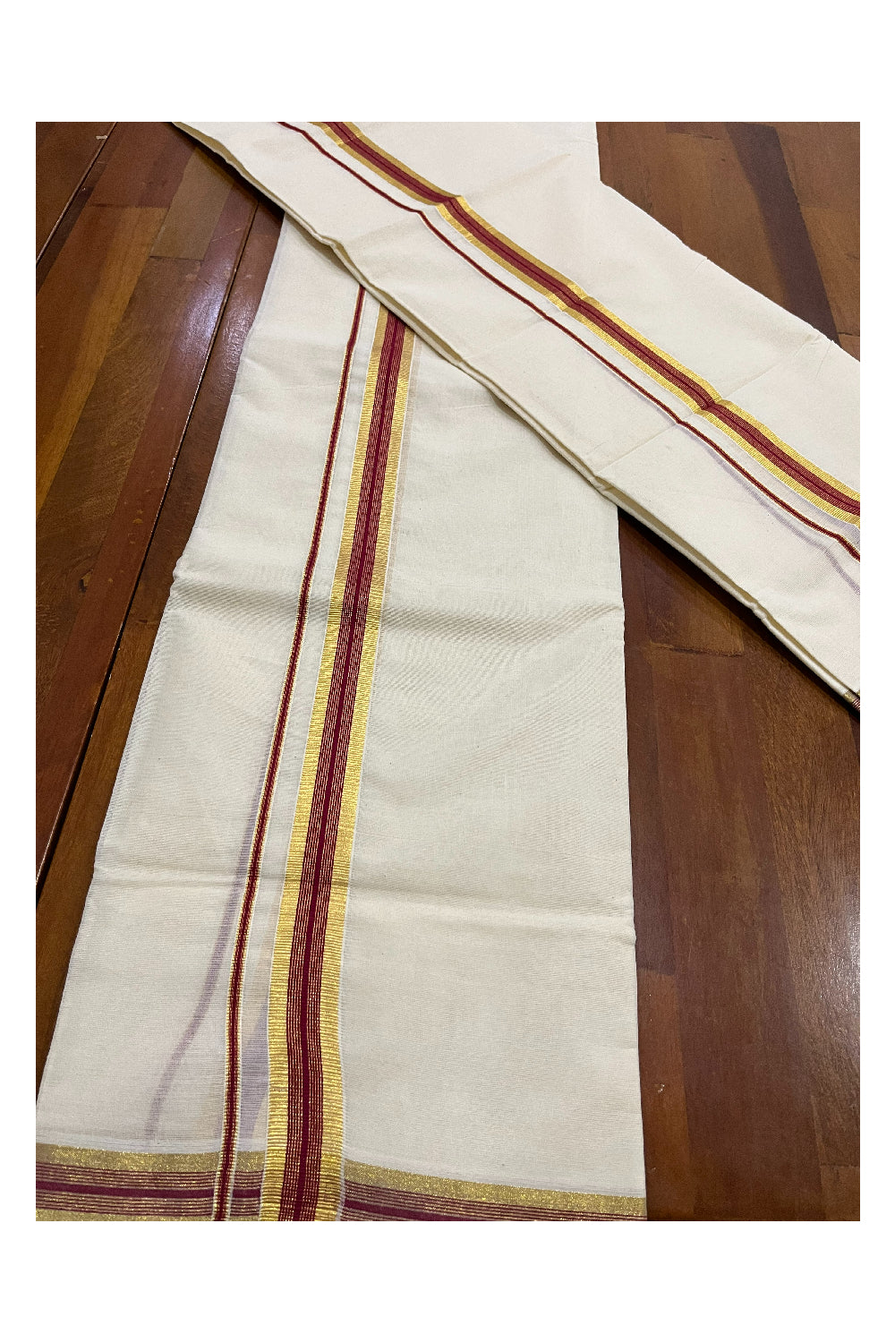 Pure Cotton Kerala Single Set Mundu (Mundum Neriyathum) with Maroon Kasavu Border 2.80 Mtrs (Onam Set Mundu 2023)