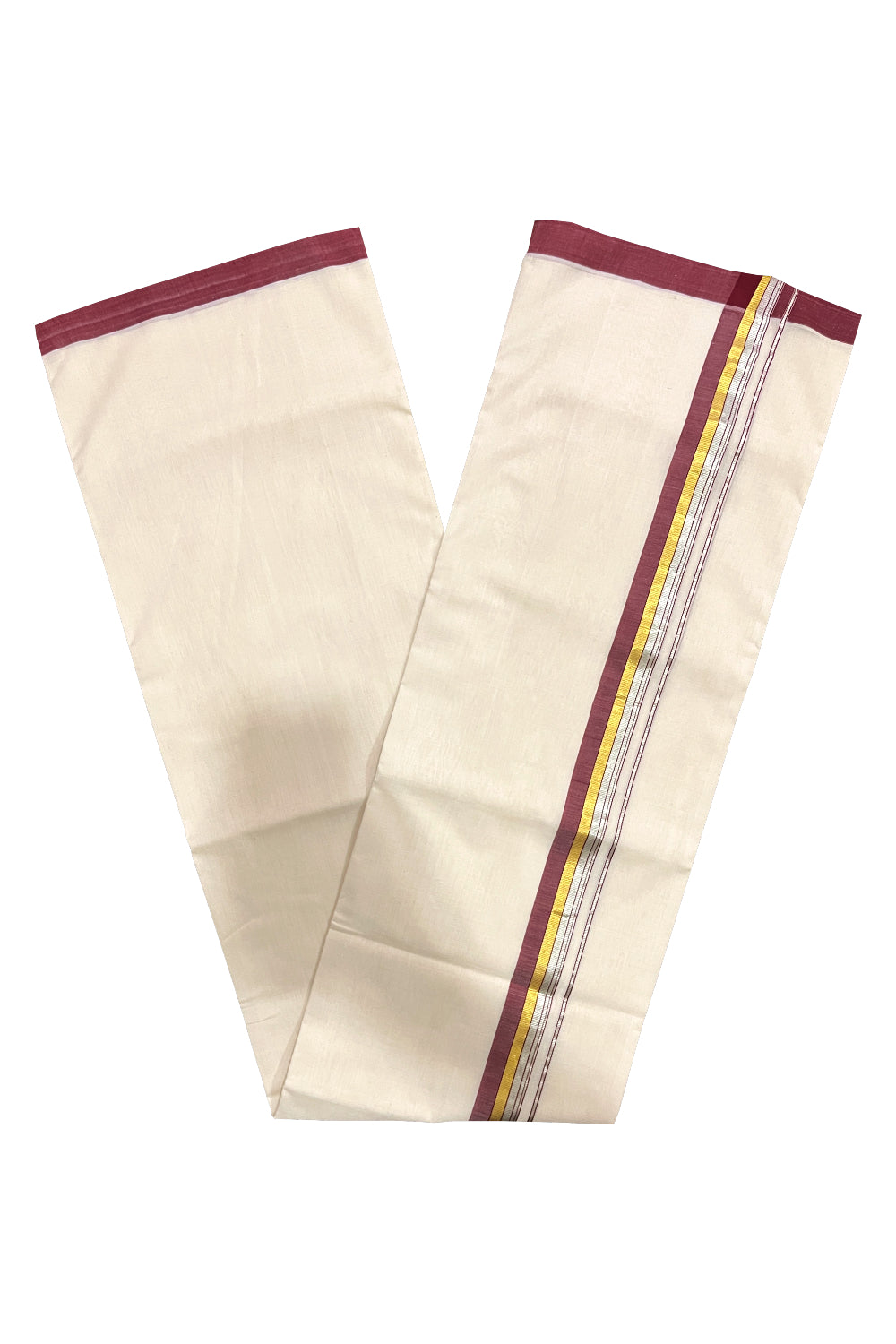 Southloom Premium Balaramapuram Unakkupaavu Handloom Mundu with Maroon Silver and Golden Kasavu Border (South Indian Kerala Dhoti)