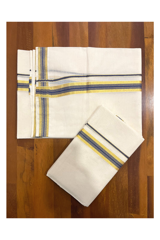 Pure Cotton Kerala Single Set Mundu (Mundum Neriyathum) with Blue Kasavu Border 2.80 Mtrs (Onam Set Mundu 2023)