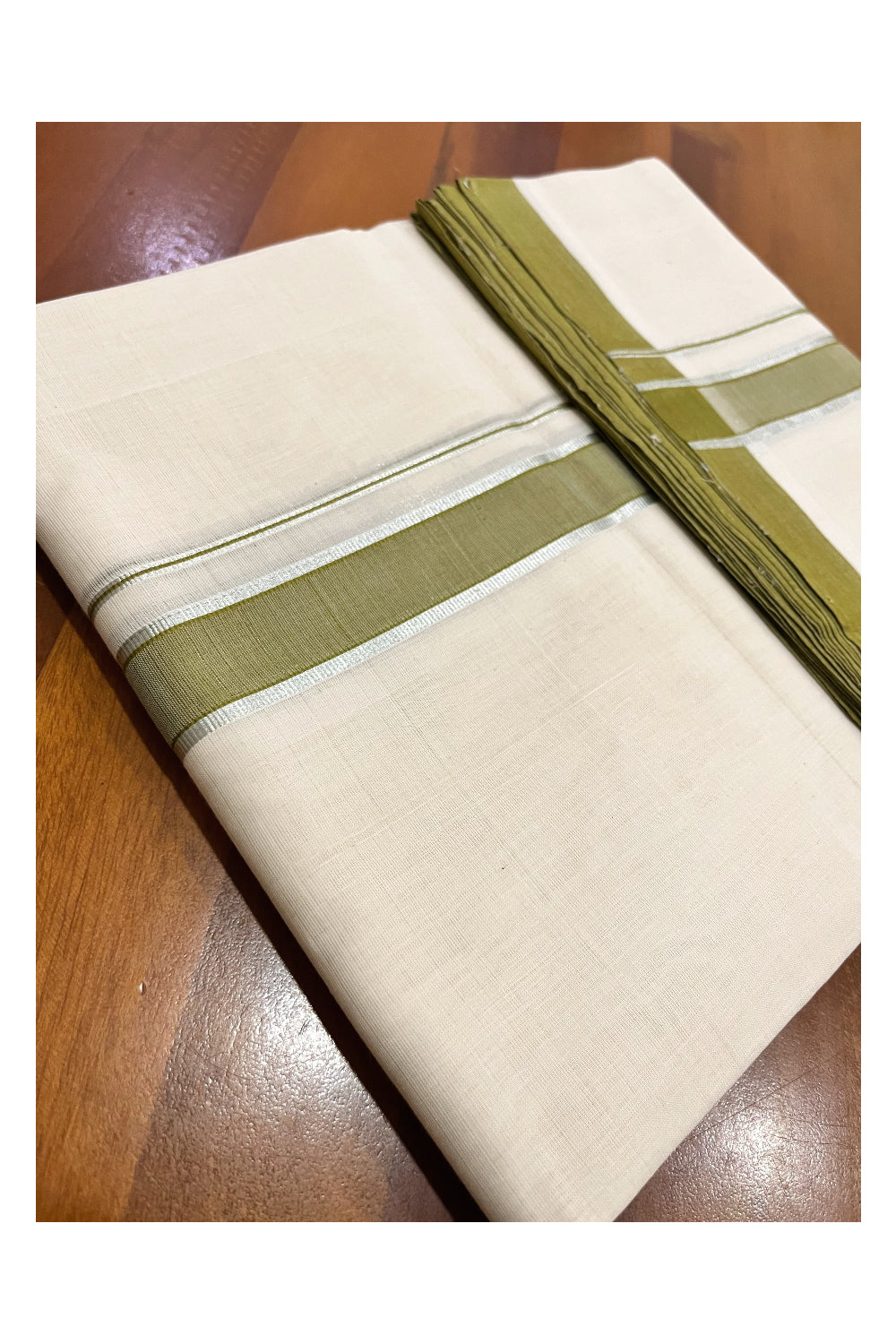 Southloom Premium Balaramapuram Unakkupaavu Handloom Mundu with Olive Green and Silver Kasavu Border (South Indian Kerala Dhoti)