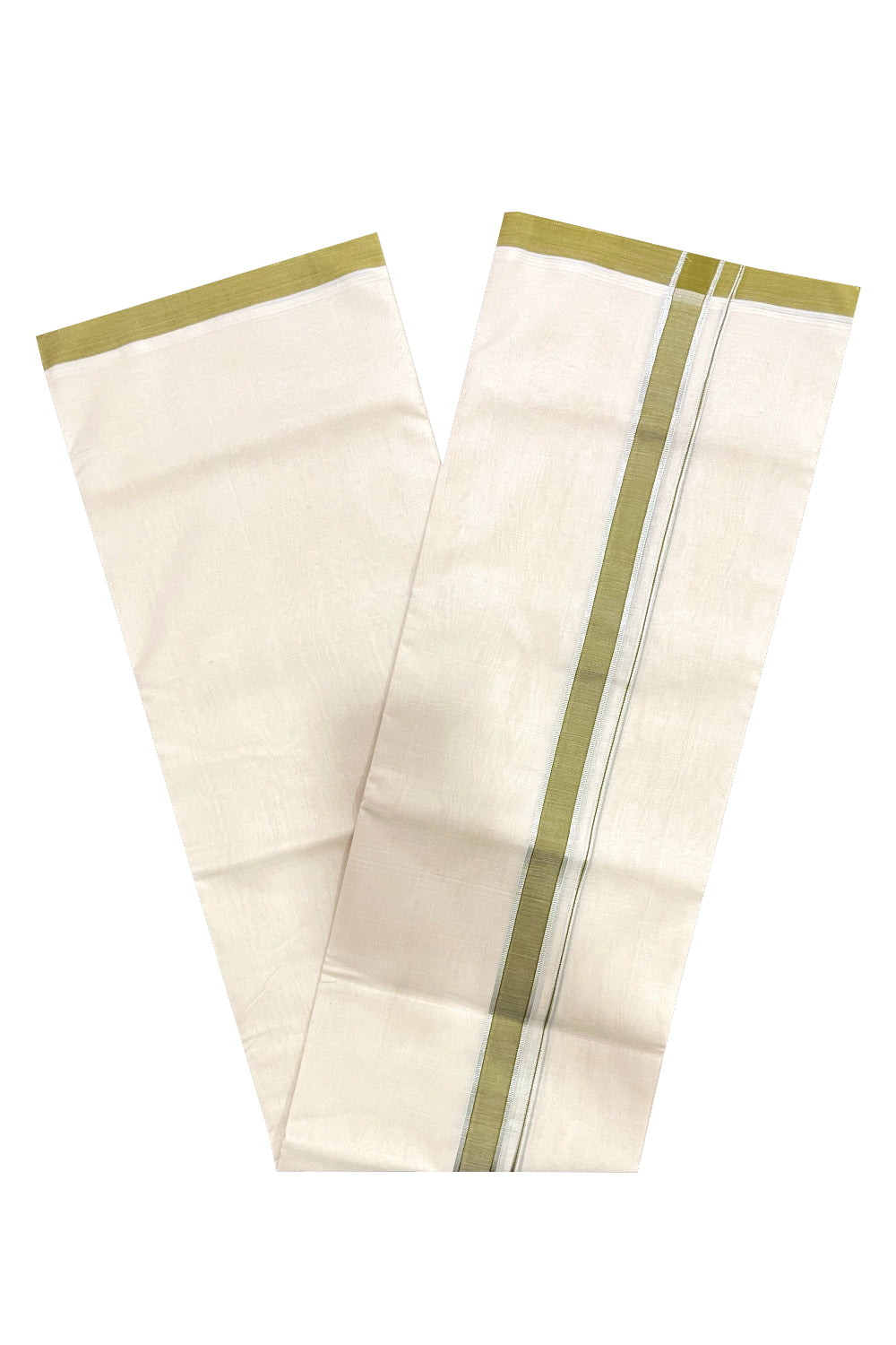 Southloom Premium Balaramapuram Unakkupaavu Handloom Mundu with Olive Green and Silver Kasavu Border (South Indian Kerala Dhoti)