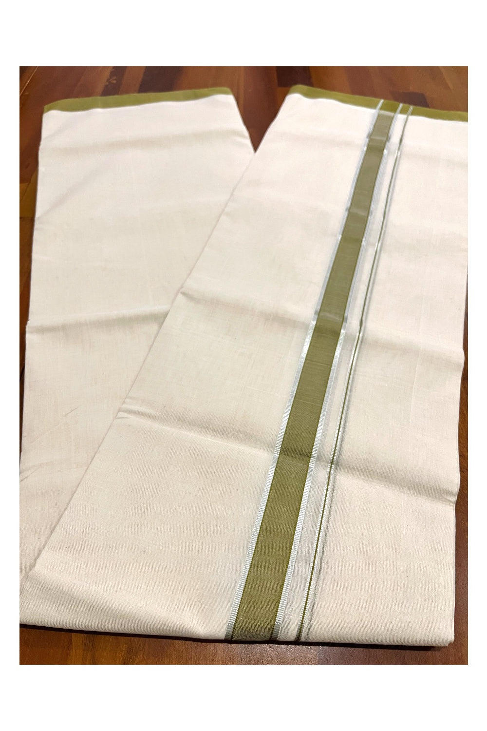 Southloom Premium Balaramapuram Unakkupaavu Handloom Mundu with Olive Green and Silver Kasavu Border (South Indian Kerala Dhoti)