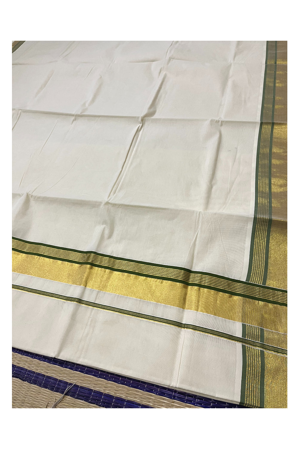 Kerala Pure Cotton Saree with Kasavu and Olive Green Border
