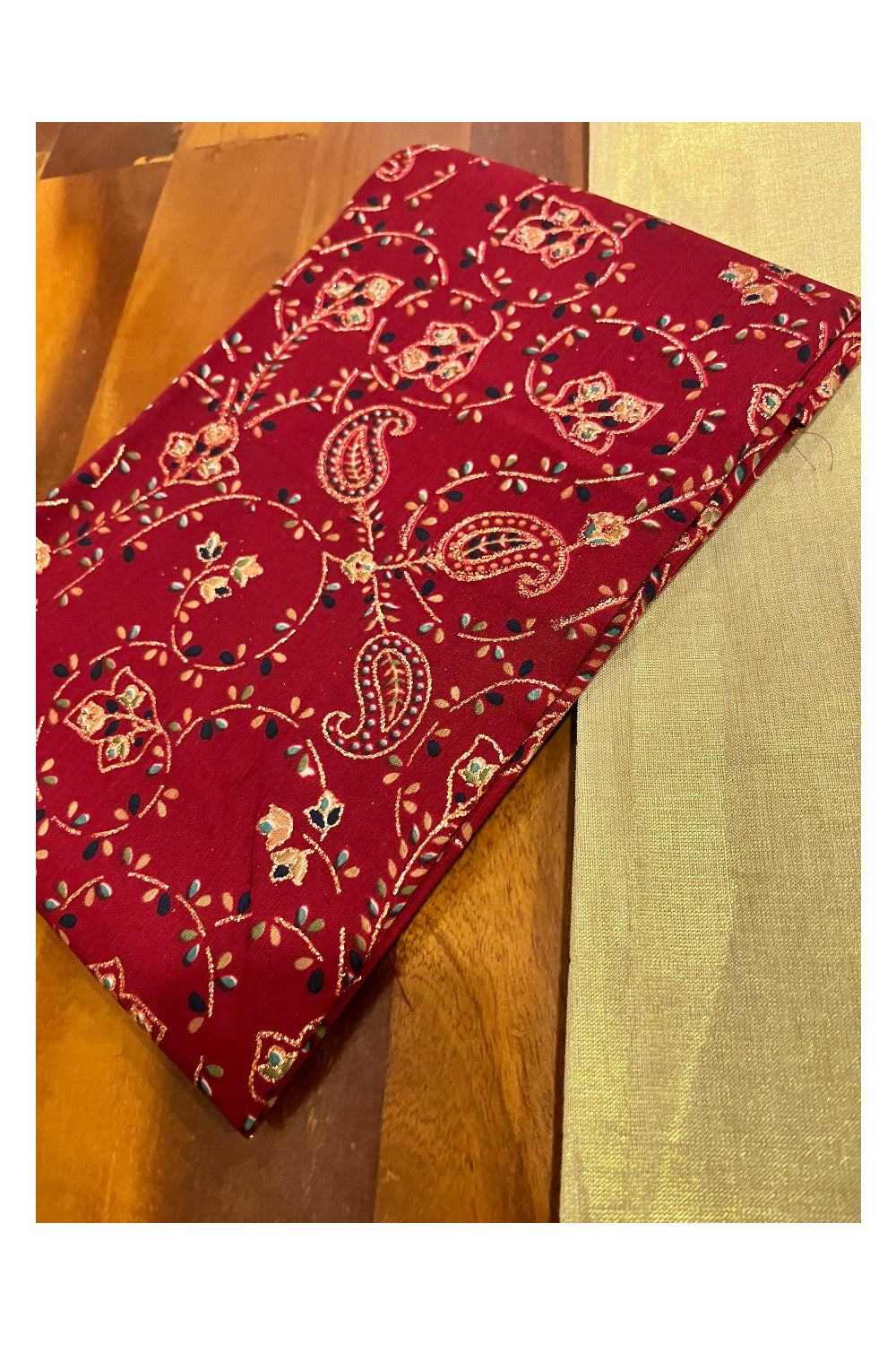 Kerala Tissue Block Printed Pavada and Maroon Designer Blouse Material for Kids/Girls 4.3 Meters