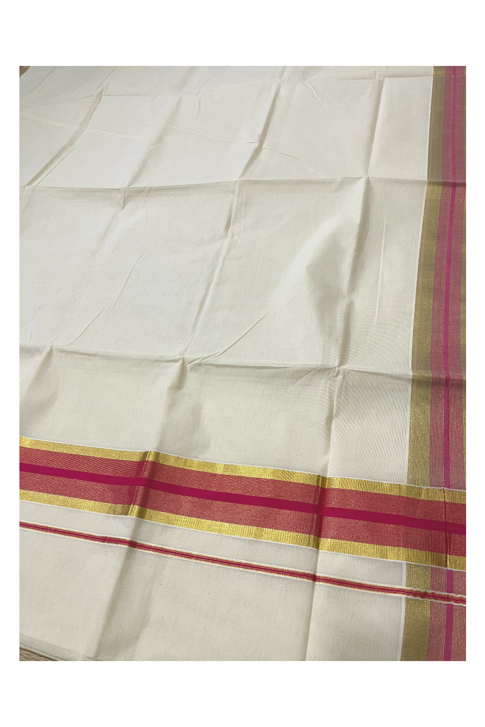 Kerala Pure Cotton Saree with Kasavu and Bright Magenta Border (Onam Saree 2023)