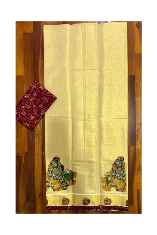 Kerala Tissue Block Printed Pavada and Maroon Designer Blouse Material for Kids/Girls 4.3 Meters