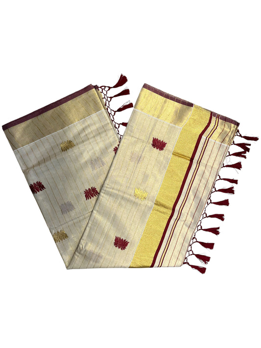 Southloom Kerala Tissue Kasavu Line Saree with Maroon Lotus Embroidery Works