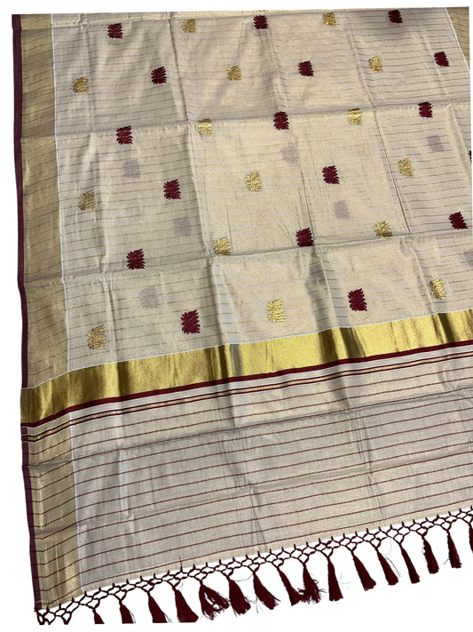 Southloom Kerala Tissue Kasavu Line Saree with Maroon Lotus Embroidery Works