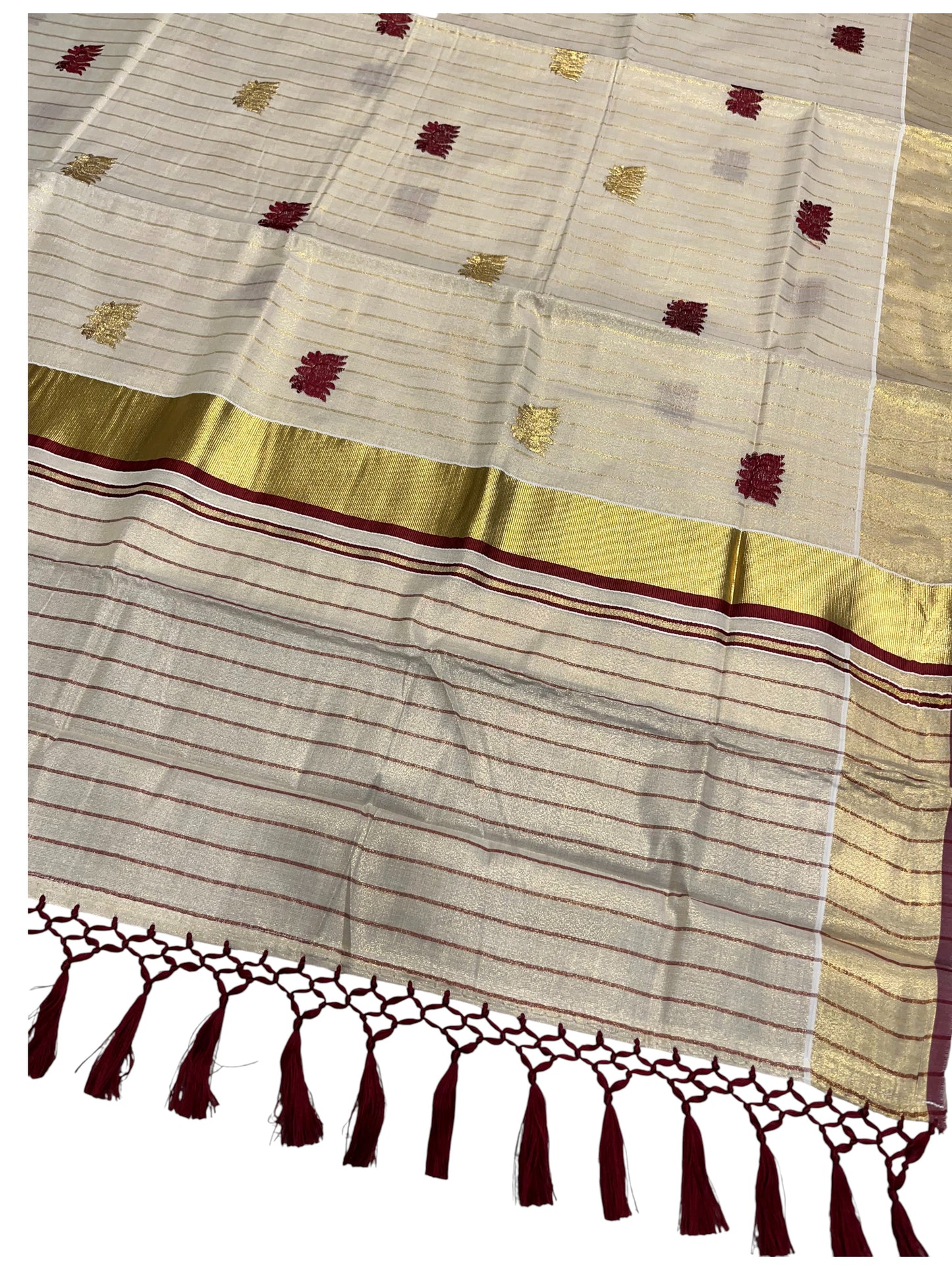 Southloom Kerala Tissue Kasavu Line Saree with Maroon Lotus Embroidery Works