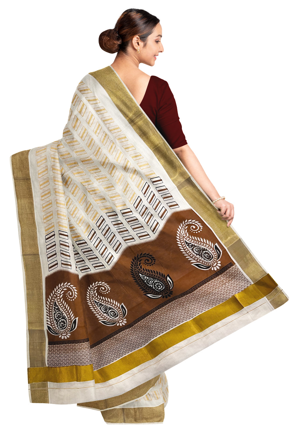 Kerala Cotton Saree with Brown Block Prints on Pallu and Golden Block Prints on Body