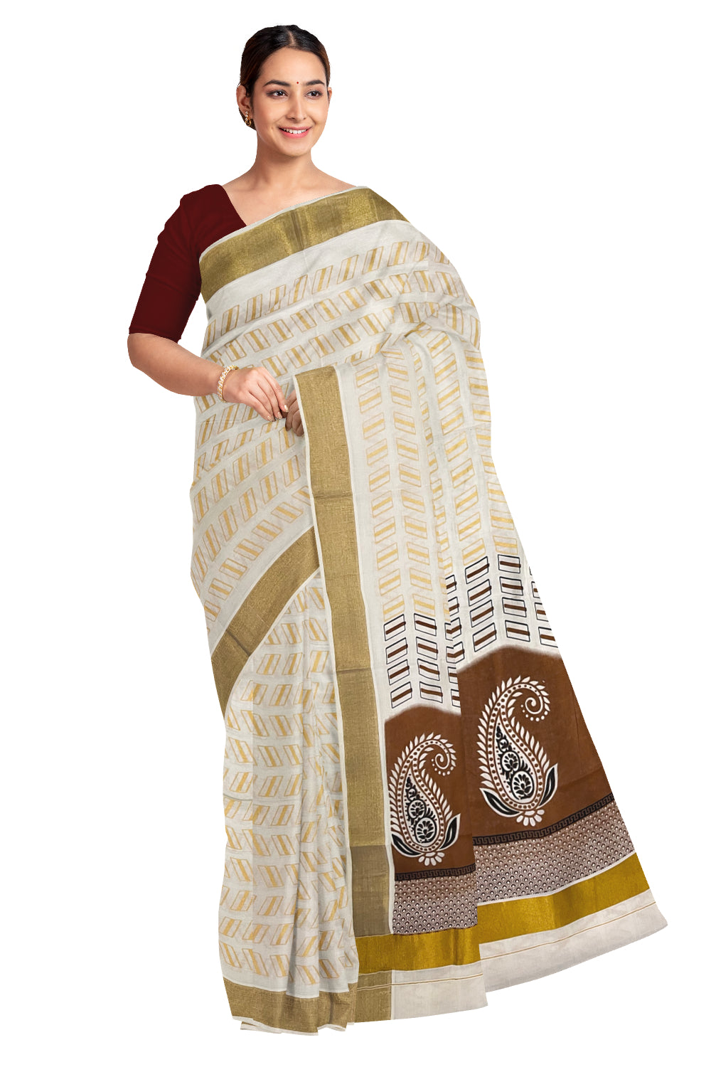 Kerala Cotton Saree with Brown Block Prints on Pallu and Golden Block Prints on Body