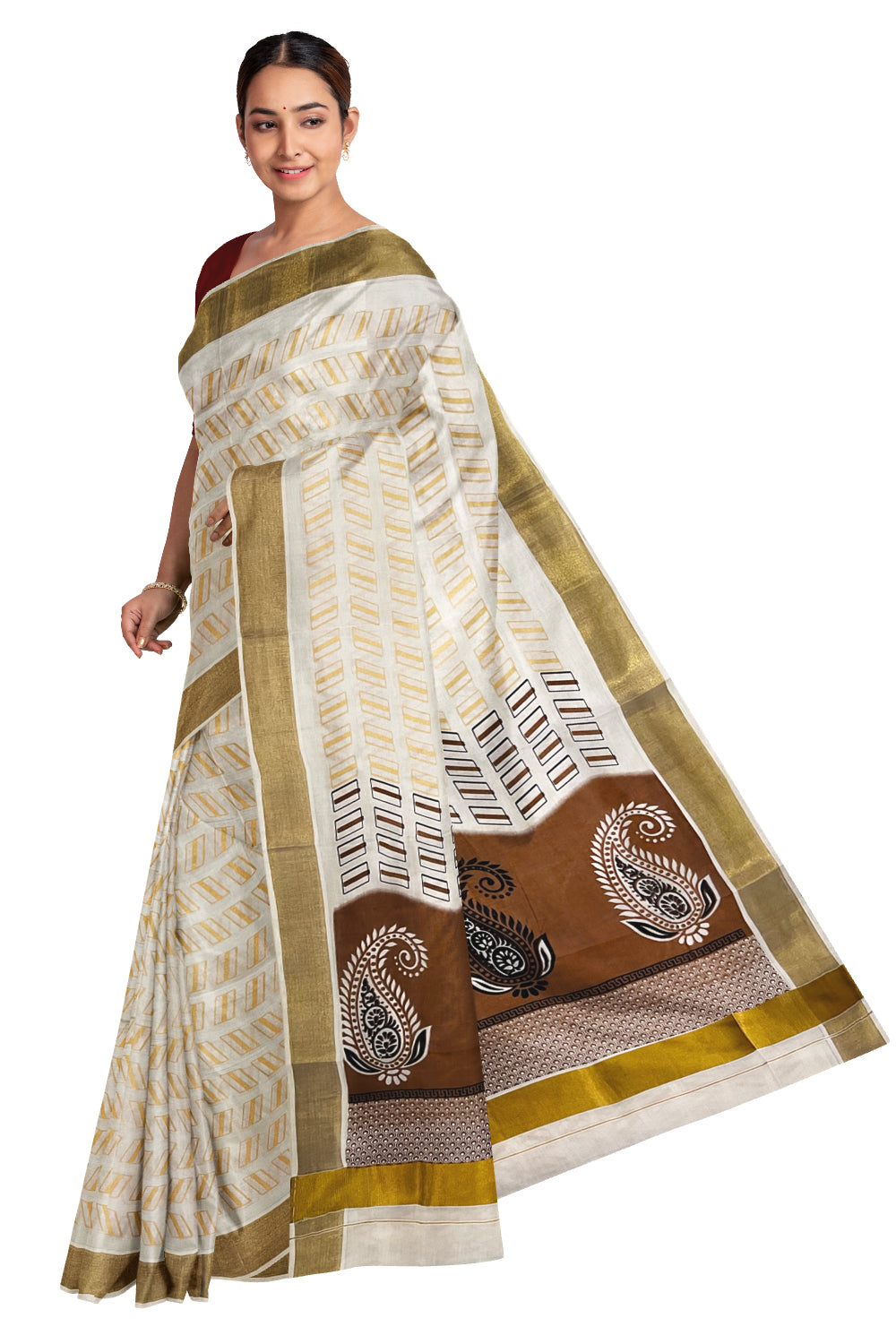 Kerala Cotton Saree with Brown Block Prints on Pallu and Golden Block Prints on Body