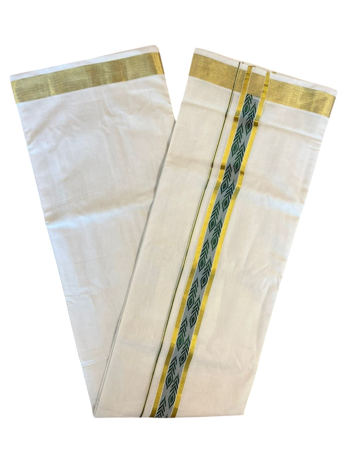 Southloom Premium Handloom Pure Cotton Mundu with Green and Kasavu Woven Border