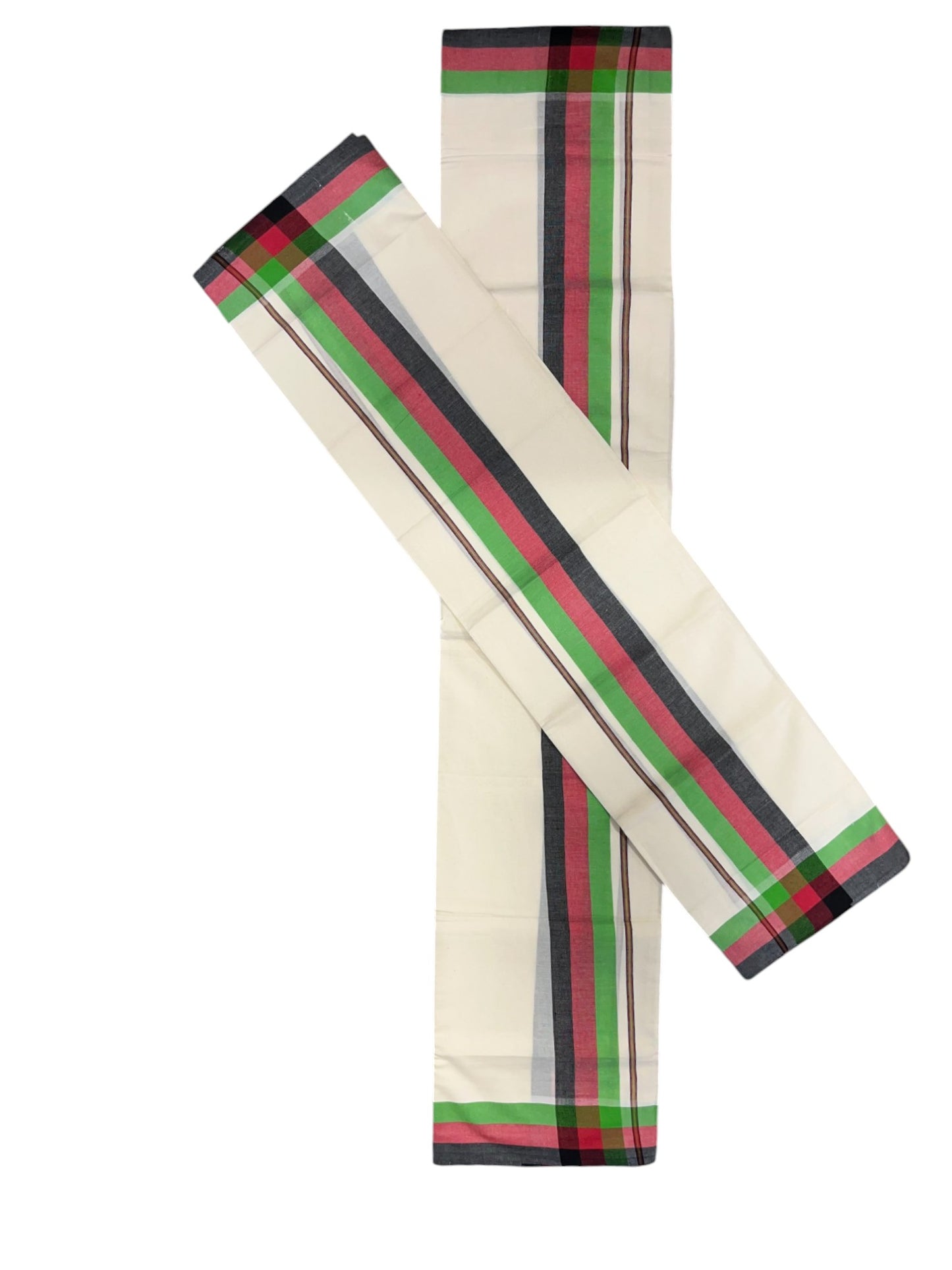 Pure Cotton Mundum Neriyathum Double (Set Mundu) with Green,Pink and Black Border