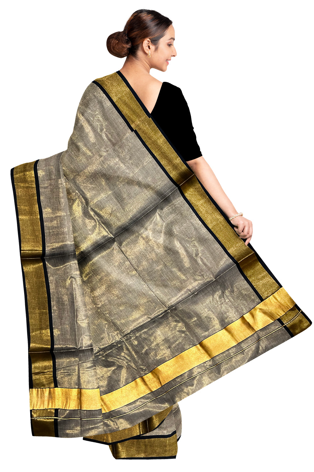 Kerala Black Tissue Kasavu Plain Saree with 3 Inch Border