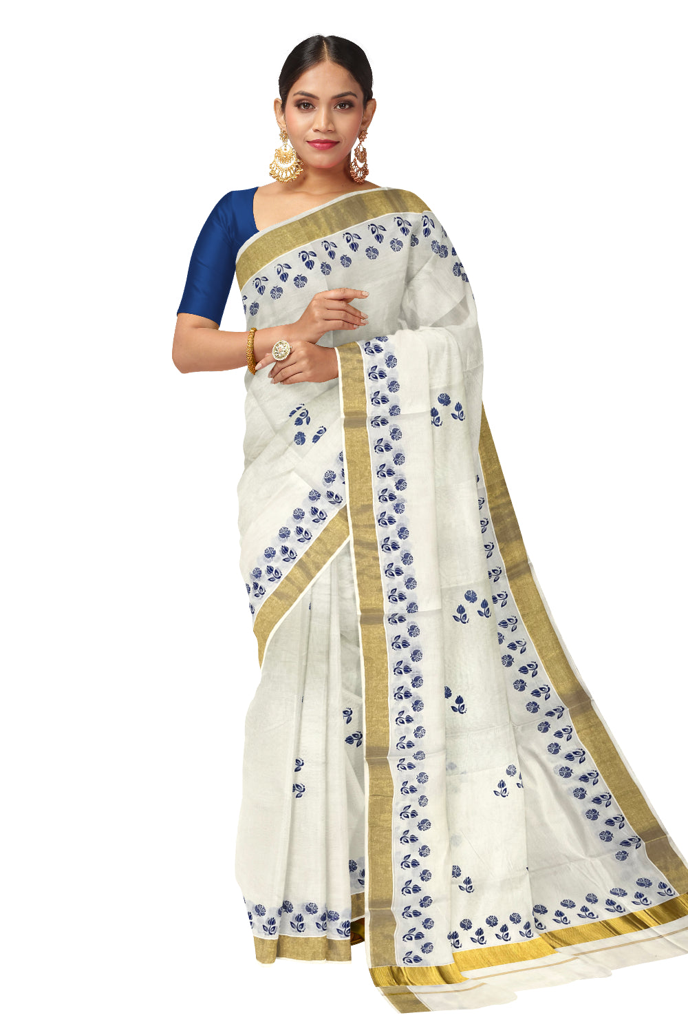 Pure Cotton Kerala Kasavu Saree with Blue Block Prints and Kasavu Border