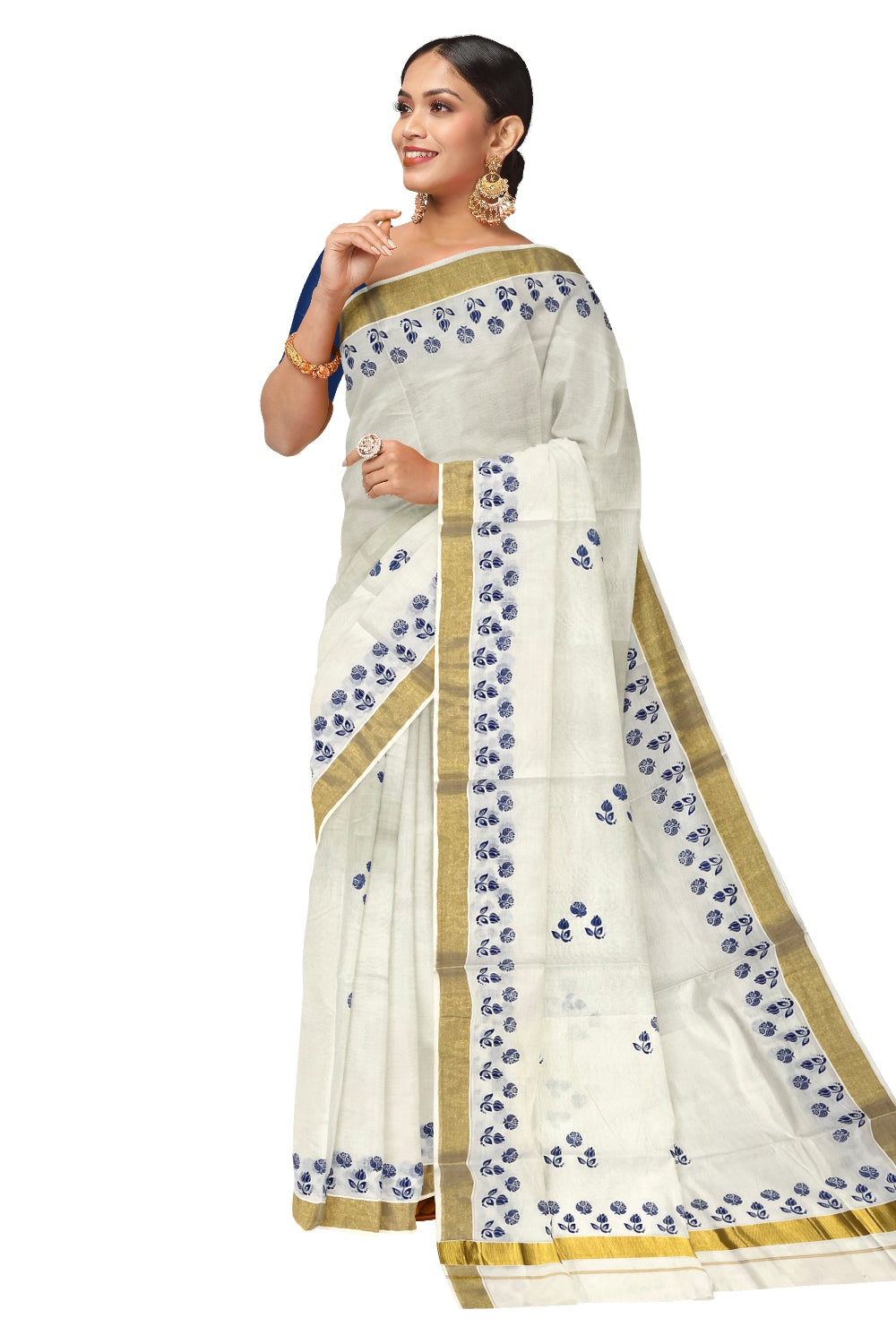 Pure Cotton Kerala Kasavu Saree with Blue Block Prints and Kasavu Border