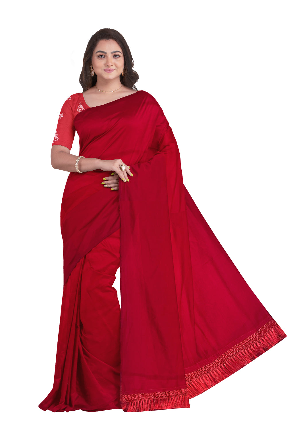 Southloom Art Silk Red Designer Plain Saree with Embroidery Work Blouse Piece