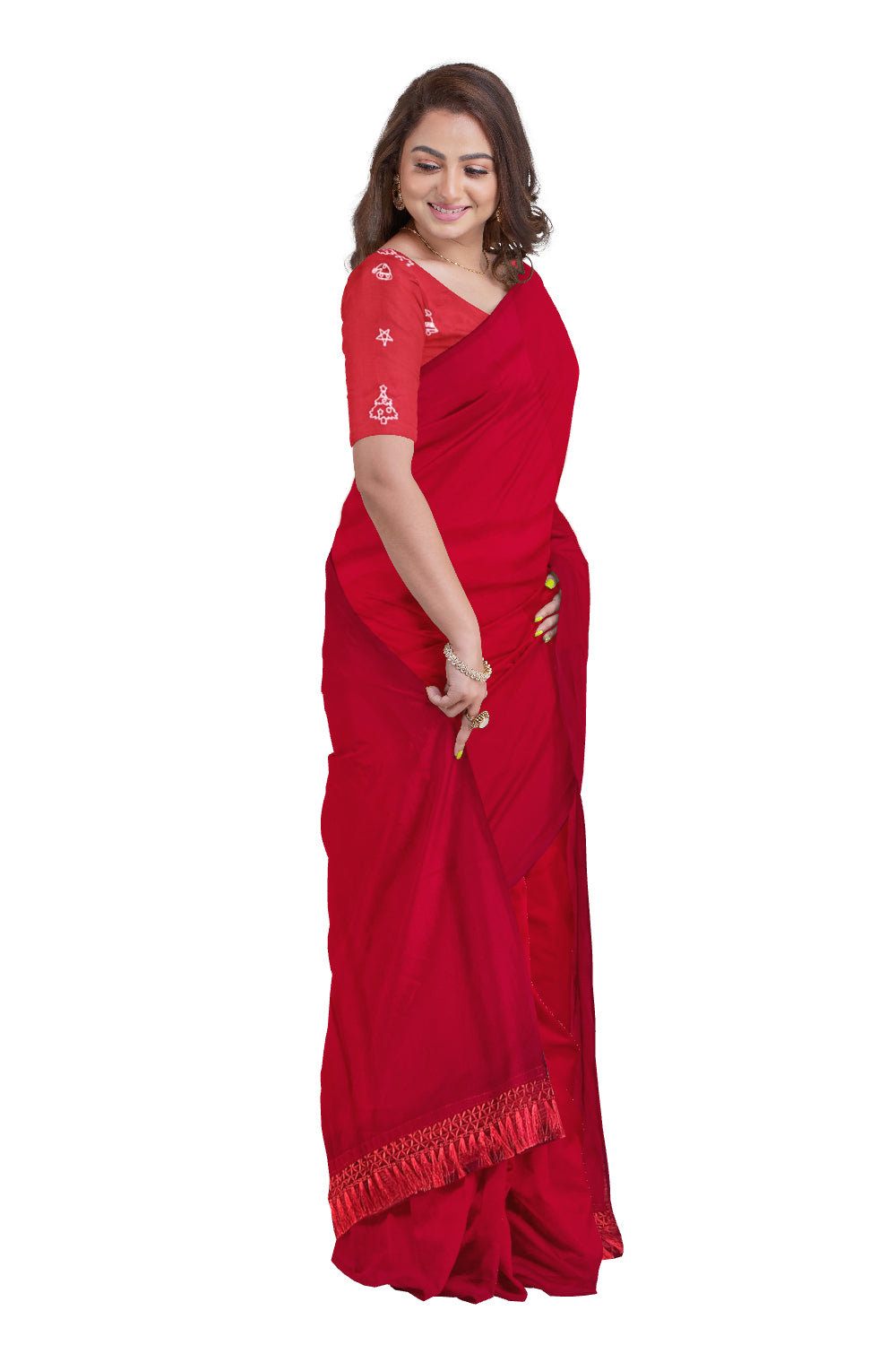 Southloom Art Silk Red Designer Plain Saree with Embroidery Work Blouse Piece