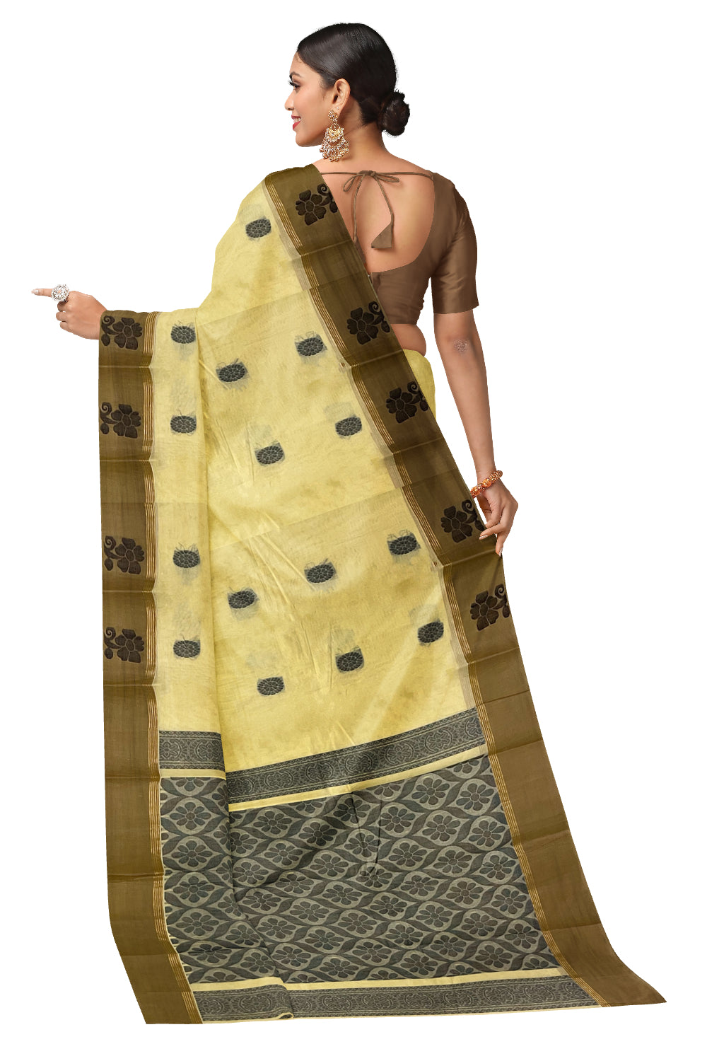 Southloom Cotton Yellow Saree with Woven Works on Body and Brown Border