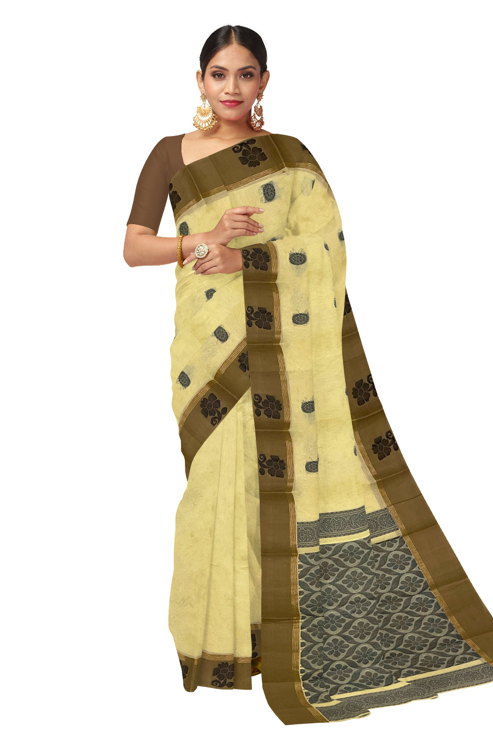 Southloom Cotton Yellow Saree with Woven Works on Body and Brown Border