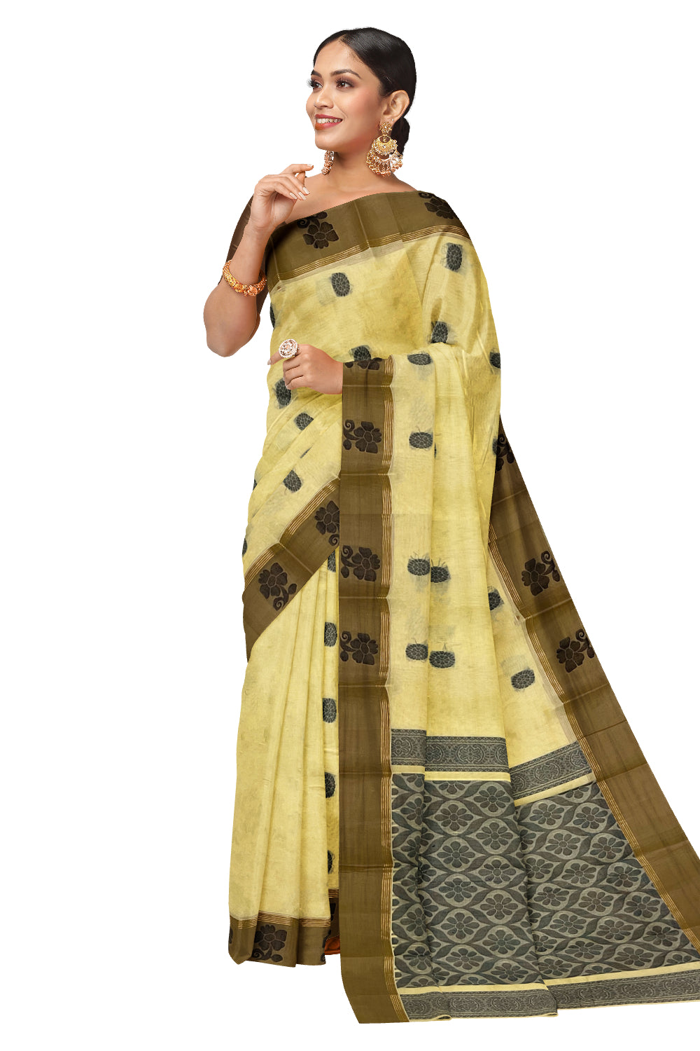 Southloom Cotton Yellow Saree with Woven Works on Body and Brown Border