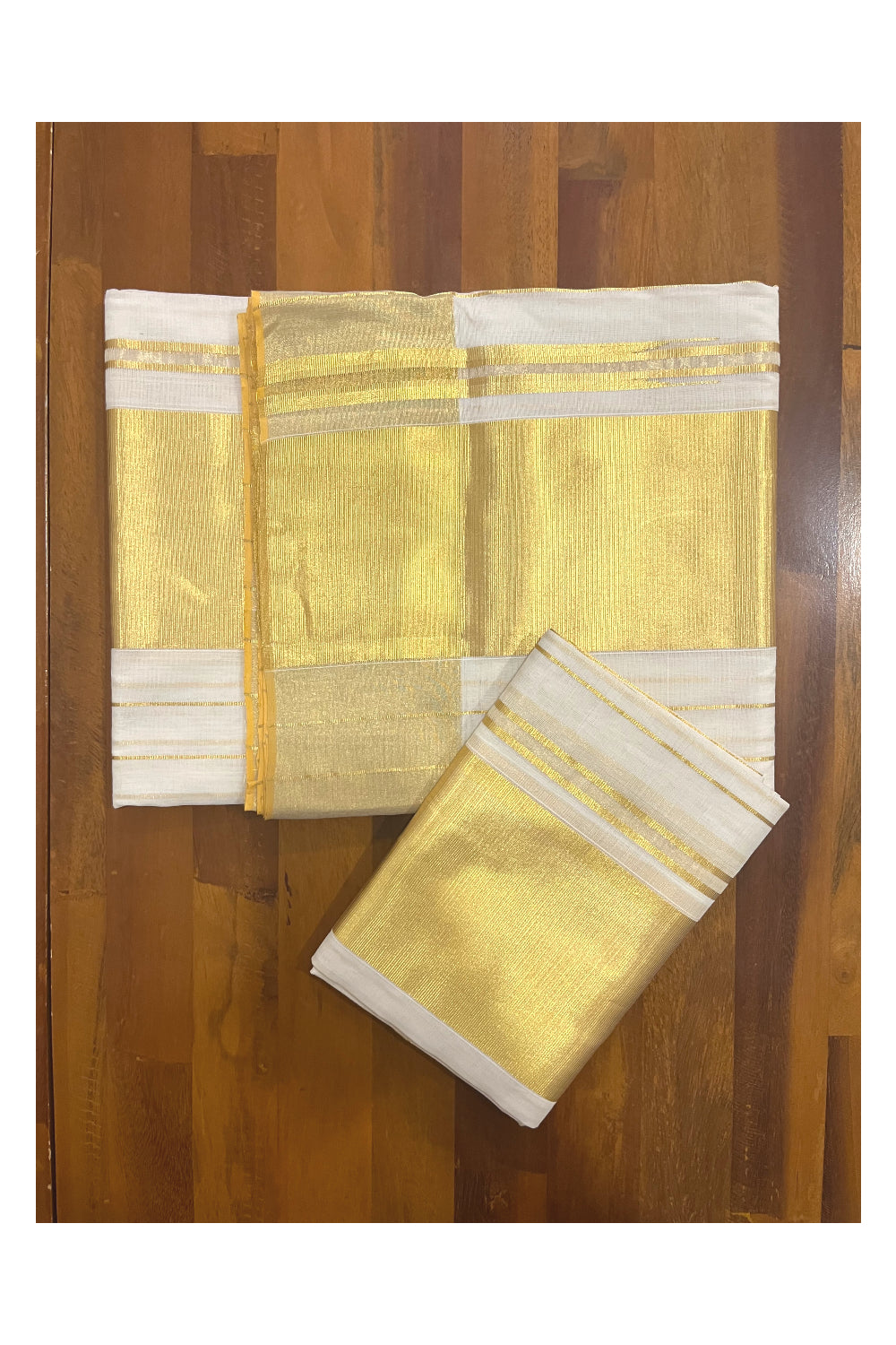 Southloom Handloom Premium Unakkupaavu Single Set Mundu (Mundum Neriyathum) with Kasavu Lines Design and 5 inch Border 2.70 Mtrs (with Running Blouse Piece)