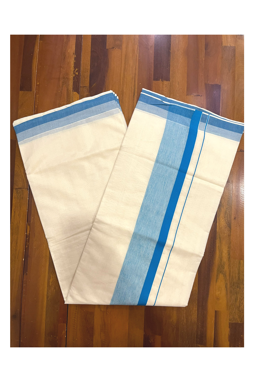 Pure Cotton Off White Kerala Saree with Blue Shaded Border (Onam Saree 2023)