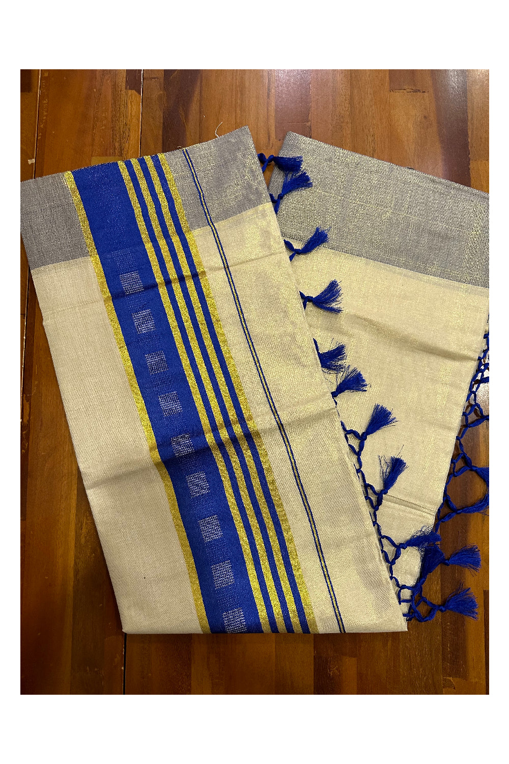 Kerala Tissue Saree with Kasavu Blue Border and Tassels Works on Pallu (Onam Saree 2023)