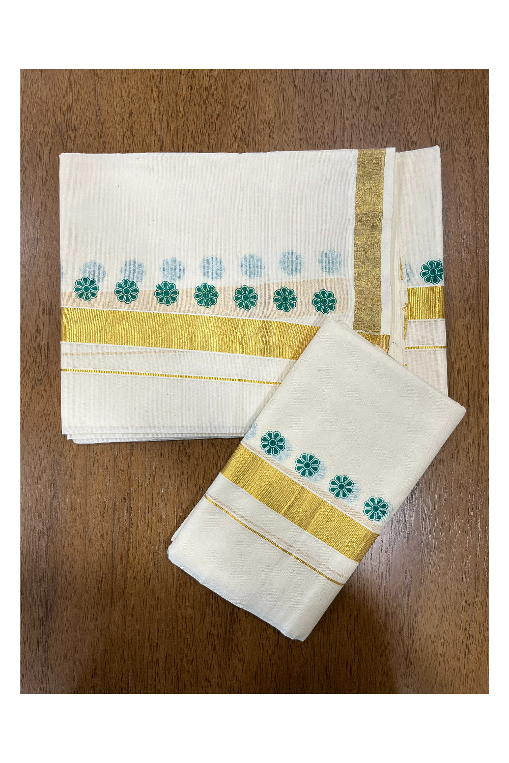 Kerala Cotton Kasavu Mundum Neriyathum Single (Set Mundu) with Green Block Printed Border 2.80 Mtrs