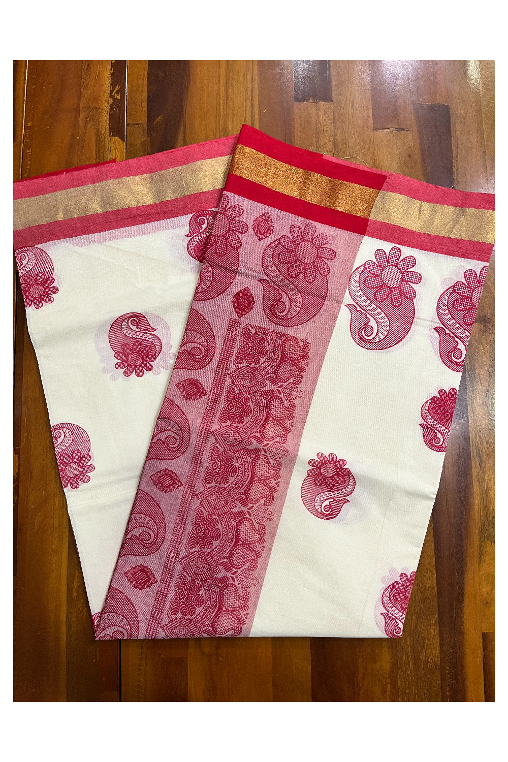 Pure Cotton Kerala Saree with Red Block Prints and Kasavu Border (Vishu 2024 Collection)