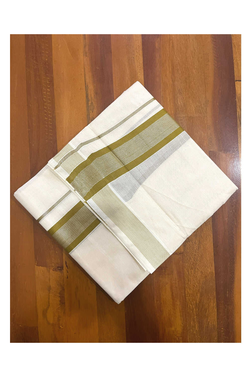 Pure Cotton Double Mundu with Olive Green and Silver Kasavu Kara (South Indian Kerala Dhoti)