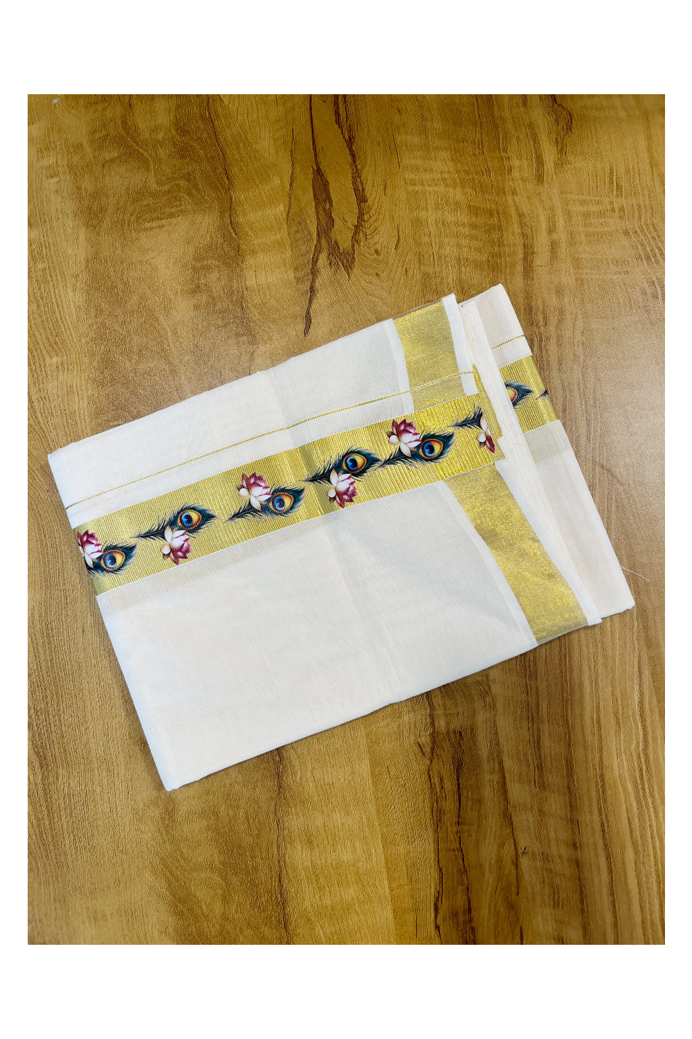 Kerala Pure Cotton Double Mundu with Hand Painted Designs on Kasavu Border(South Indian Kerala Dhoti)