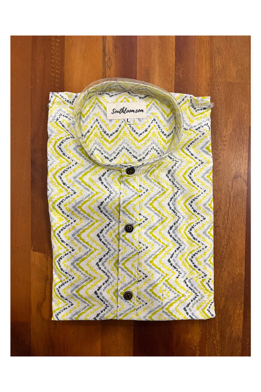 Southloom Jaipur Cotton Light Green Hand Block Printed Mandarin Collar Shirt (Full Sleeves)