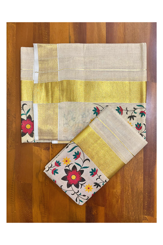 Kerala Tissue Single Set Mundu (Mundum Neriyathum) with Floral Block Prints on Border 2.80 Mtrs (Vishu 2024 Collection)
